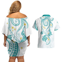 Polynesia Tribal Couples Matching Off Shoulder Short Dress and Hawaiian Shirt Teal Plumeria Tentacles