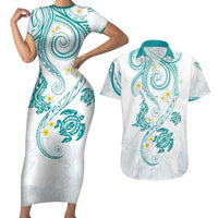 Polynesia Tribal Couples Matching Short Sleeve Bodycon Dress and Hawaiian Shirt Teal Plumeria Tentacles