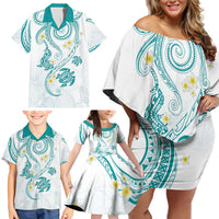 Polynesia Tribal Family Matching Off Shoulder Short Dress and Hawaiian Shirt Teal Plumeria Tentacles