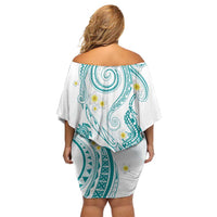 Polynesia Tribal Family Matching Off Shoulder Short Dress and Hawaiian Shirt Teal Plumeria Tentacles