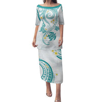 Polynesia Tribal Family Matching Puletasi and Hawaiian Shirt Teal Plumeria Tentacles