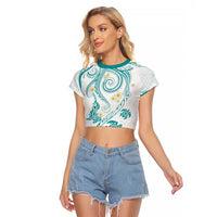Polynesia Tribal Raglan Cropped T Shirt Teal Plumeria Tentacles