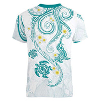 Polynesia Tribal Women V-Neck T-Shirt Teal Plumeria Tentacles