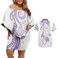 Polynesia Tribal Couples Matching Off Shoulder Short Dress and Hawaiian Shirt Lilac Plumeria Tentacles