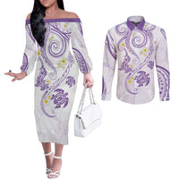Polynesia Tribal Couples Matching Off The Shoulder Long Sleeve Dress and Long Sleeve Button Shirt Lilac Plumeria Tentacles
