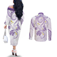 Polynesia Tribal Couples Matching Off The Shoulder Long Sleeve Dress and Long Sleeve Button Shirt Lilac Plumeria Tentacles