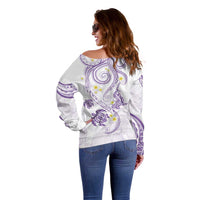 Polynesia Tribal Off Shoulder Sweater Lilac Plumeria Tentacles