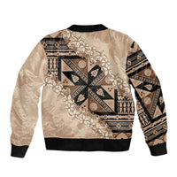 Bula Fiji Plumeria Tagimoucia Salusalu Beige Bomber Jacket Kaiviti Masi - Polynesian Pride