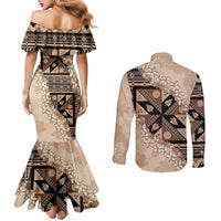 Bula Fiji Plumeria Tagimoucia Salusalu Beige Couples Matching Mermaid Dress and Long Sleeve Button Shirt Kaiviti Masi - Polynesian Pride