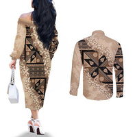 Bula Fiji Plumeria Tagimoucia Salusalu Beige Couples Matching Off The Shoulder Long Sleeve Dress and Long Sleeve Button Shirt Kaiviti Masi - Polynesian Pride