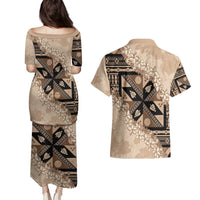 Bula Fiji Plumeria Tagimoucia Salusalu Beige Couples Matching Puletasi and Hawaiian Shirt Kaiviti Masi - Polynesian Pride
