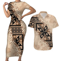 Bula Fiji Plumeria Tagimoucia Salusalu Beige Couples Matching Short Sleeve Bodycon Dress and Hawaiian Shirt Kaiviti Masi - Polynesian Pride