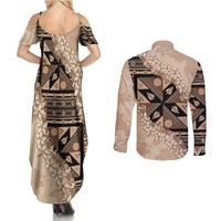 Bula Fiji Plumeria Tagimoucia Salusalu Beige Couples Matching Summer Maxi Dress and Long Sleeve Button Shirt Kaiviti Masi - Polynesian Pride