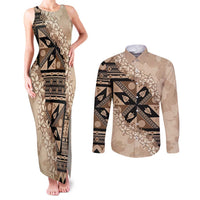 Bula Fiji Plumeria Tagimoucia Salusalu Beige Couples Matching Tank Maxi Dress and Long Sleeve Button Shirt Kaiviti Masi - Polynesian Pride