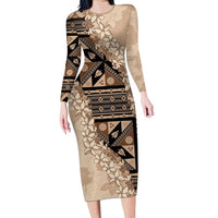 Bula Fiji Plumeria Tagimoucia Salusalu Beige Family Matching Long Sleeve Bodycon Dress and Hawaiian Shirt Kaiviti Masi - Polynesian Pride