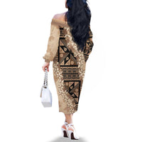 Bula Fiji Plumeria Tagimoucia Salusalu Beige Family Matching Off The Shoulder Long Sleeve Dress and Hawaiian Shirt Kaiviti Masi - Polynesian Pride