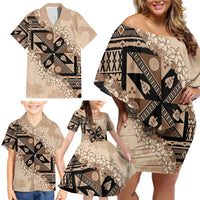 Bula Fiji Plumeria Tagimoucia Salusalu Beige Family Matching Off Shoulder Short Dress and Hawaiian Shirt Kaiviti Masi - Polynesian Pride