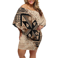 Bula Fiji Plumeria Tagimoucia Salusalu Beige Family Matching Off Shoulder Short Dress and Hawaiian Shirt Kaiviti Masi - Polynesian Pride