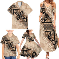Bula Fiji Plumeria Tagimoucia Salusalu Beige Family Matching Summer Maxi Dress and Hawaiian Shirt Kaiviti Masi - Polynesian Pride