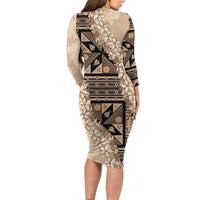Bula Fiji Plumeria Tagimoucia Salusalu Beige Long Sleeve Bodycon Dress Kaiviti Masi - Polynesian Pride