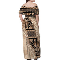 Bula Fiji Plumeria Tagimoucia Salusalu Beige Off Shoulder Maxi Dress Kaiviti Masi - Polynesian Pride