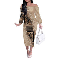 Bula Fiji Plumeria Tagimoucia Salusalu Beige Off The Shoulder Long Sleeve Dress Kaiviti Masi - Polynesian Pride