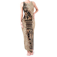 Bula Fiji Plumeria Tagimoucia Salusalu Beige Tank Maxi Dress Kaiviti Masi - Polynesian Pride