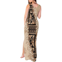 Bula Fiji Plumeria Tagimoucia Salusalu Beige Tank Maxi Dress Kaiviti Masi - Polynesian Pride