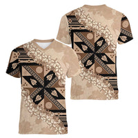 Bula Fiji Plumeria Tagimoucia Salusalu Beige Women V-Neck T-Shirt Kaiviti Masi - Polynesian Pride