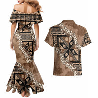 Bula Fiji Plumeria Tagimoucia Salusalu Mocha Couples Matching Mermaid Dress and Hawaiian Shirt Kaiviti Masi - Polynesian Pride