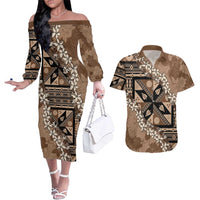 Bula Fiji Plumeria Tagimoucia Salusalu Mocha Couples Matching Off The Shoulder Long Sleeve Dress and Hawaiian Shirt Kaiviti Masi - Polynesian Pride