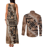 Bula Fiji Plumeria Tagimoucia Salusalu Mocha Couples Matching Tank Maxi Dress and Long Sleeve Button Shirt Kaiviti Masi - Polynesian Pride