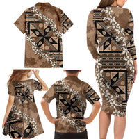 Bula Fiji Plumeria Tagimoucia Salusalu Mocha Family Matching Long Sleeve Bodycon Dress and Hawaiian Shirt Kaiviti Masi - Polynesian Pride