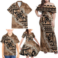 Bula Fiji Plumeria Tagimoucia Salusalu Mocha Family Matching Off Shoulder Maxi Dress and Hawaiian Shirt Kaiviti Masi - Polynesian Pride