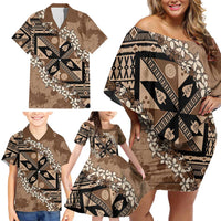 Bula Fiji Plumeria Tagimoucia Salusalu Mocha Family Matching Off Shoulder Short Dress and Hawaiian Shirt Kaiviti Masi - Polynesian Pride
