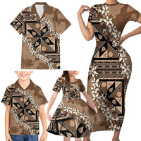 Bula Fiji Plumeria Tagimoucia Salusalu Mocha Family Matching Short Sleeve Bodycon Dress and Hawaiian Shirt Kaiviti Masi - Polynesian Pride