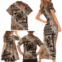 Bula Fiji Plumeria Tagimoucia Salusalu Mocha Family Matching Short Sleeve Bodycon Dress and Hawaiian Shirt Kaiviti Masi - Polynesian Pride