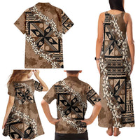 Bula Fiji Plumeria Tagimoucia Salusalu Mocha Family Matching Tank Maxi Dress and Hawaiian Shirt Kaiviti Masi - Polynesian Pride