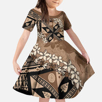 Bula Fiji Plumeria Tagimoucia Salusalu Mocha Kid Short Sleeve Dress Kaiviti Masi - Polynesian Pride