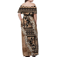 Bula Fiji Plumeria Tagimoucia Salusalu Mocha Off Shoulder Maxi Dress Kaiviti Masi - Polynesian Pride