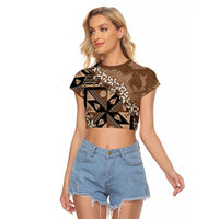 Bula Fiji Plumeria Tagimoucia Salusalu Mocha Raglan Cropped T Shirt Kaiviti Masi - Polynesian Pride