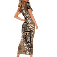 Bula Fiji Plumeria Tagimoucia Salusalu Mocha Short Sleeve Bodycon Dress Kaiviti Masi - Polynesian Pride