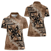 Bula Fiji Plumeria Tagimoucia Salusalu Mocha Women Polo Shirt Kaiviti Masi - Polynesian Pride