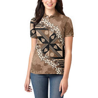 Bula Fiji Plumeria Tagimoucia Salusalu Mocha Women Polo Shirt Kaiviti Masi - Polynesian Pride