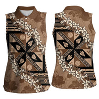 Bula Fiji Plumeria Tagimoucia Salusalu Mocha Women Sleeveless Polo Shirt Kaiviti Masi - Polynesian Pride