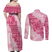 Bula Fiji Plumeria Tagimoucia Salusalu Pink Couples Matching Off Shoulder Maxi Dress and Long Sleeve Button Shirt Kaiviti Masi - Polynesian Pride