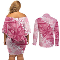 Bula Fiji Plumeria Tagimoucia Salusalu Pink Couples Matching Off Shoulder Short Dress and Long Sleeve Button Shirt Kaiviti Masi - Polynesian Pride