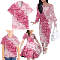 Bula Fiji Plumeria Tagimoucia Salusalu Pink Family Matching Off The Shoulder Long Sleeve Dress and Hawaiian Shirt Kaiviti Masi - Polynesian Pride