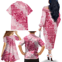 Bula Fiji Plumeria Tagimoucia Salusalu Pink Family Matching Off The Shoulder Long Sleeve Dress and Hawaiian Shirt Kaiviti Masi - Polynesian Pride