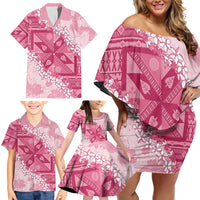 Bula Fiji Plumeria Tagimoucia Salusalu Pink Family Matching Off Shoulder Short Dress and Hawaiian Shirt Kaiviti Masi - Polynesian Pride